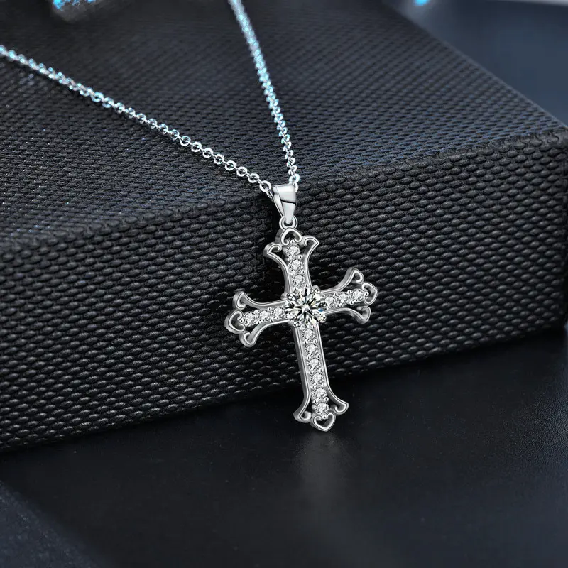 925 Sterling Silver Cross Necklace with 1CT D Color Moissanite
